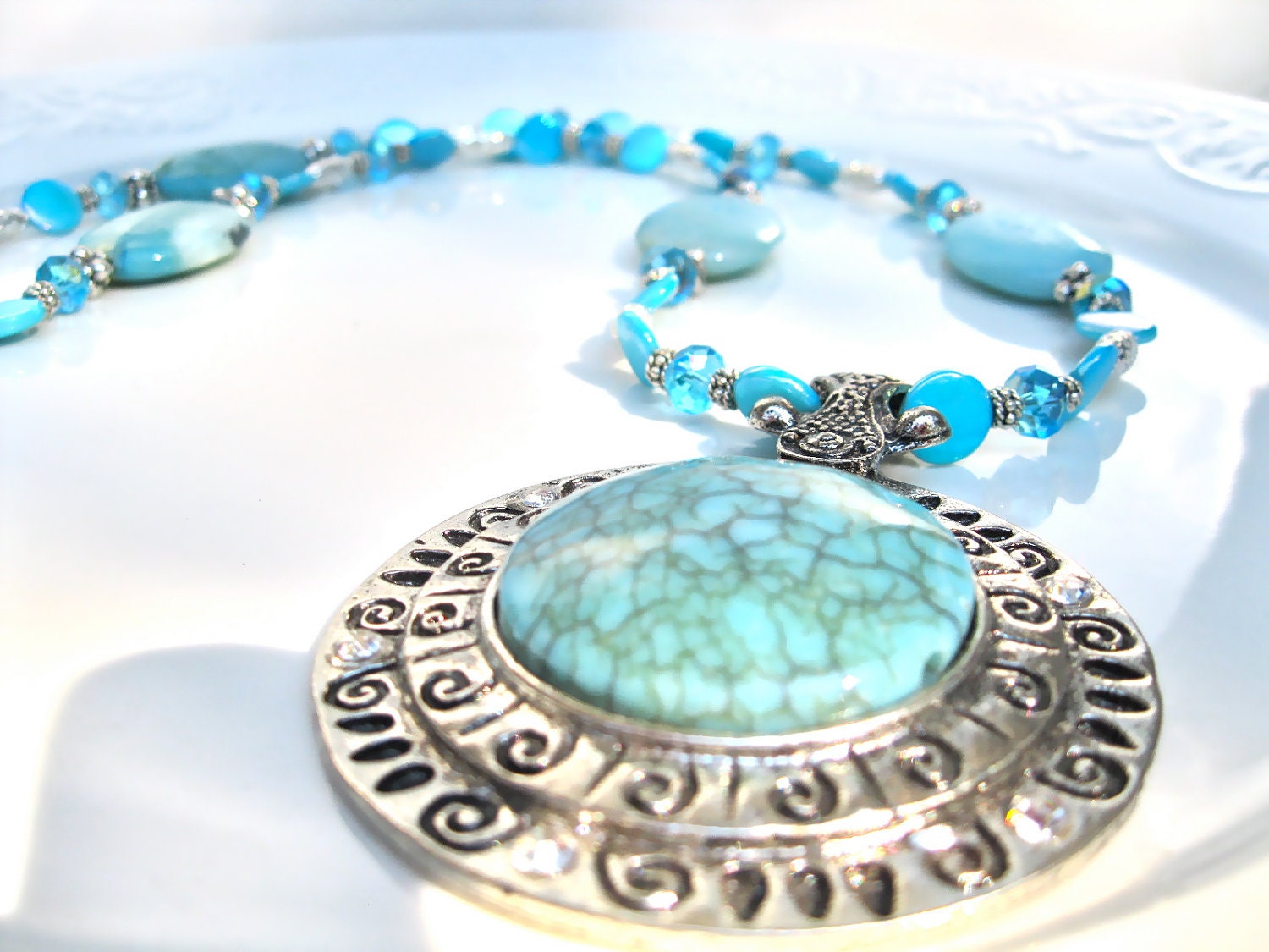 Ethnic Style Necklace, HIstorical Style, Sun Dial Pendant,  Amazonite And Crystals, "Mayan Goddess"