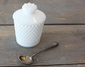 Hobnail Milk Glass Salt Cellar with Silver Spoon