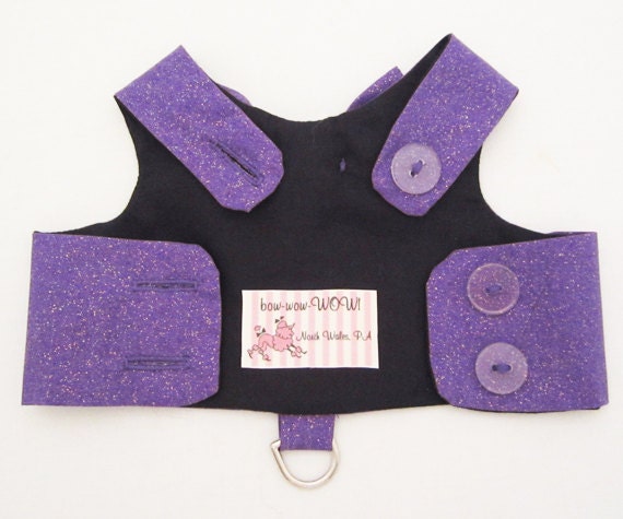 Red Carpet Diva - Dog Harness Vest, Purple Sparkle Fabric with Rhinestone Trim Down the Back and on Bow Accent