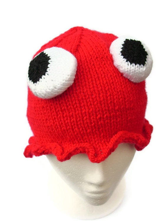 Pacman hat video game hat knit pacman ghost computer geek handmade red beanie