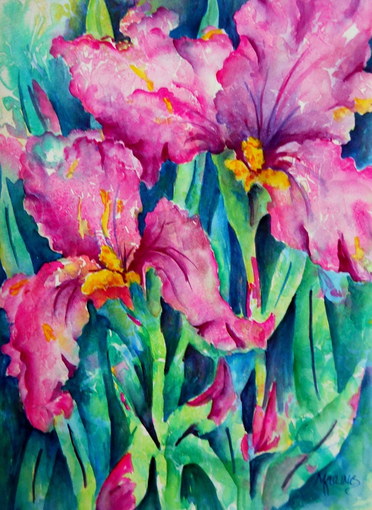 Watercolor of Pink Iris in Garden by Martha Kisling Fine Art