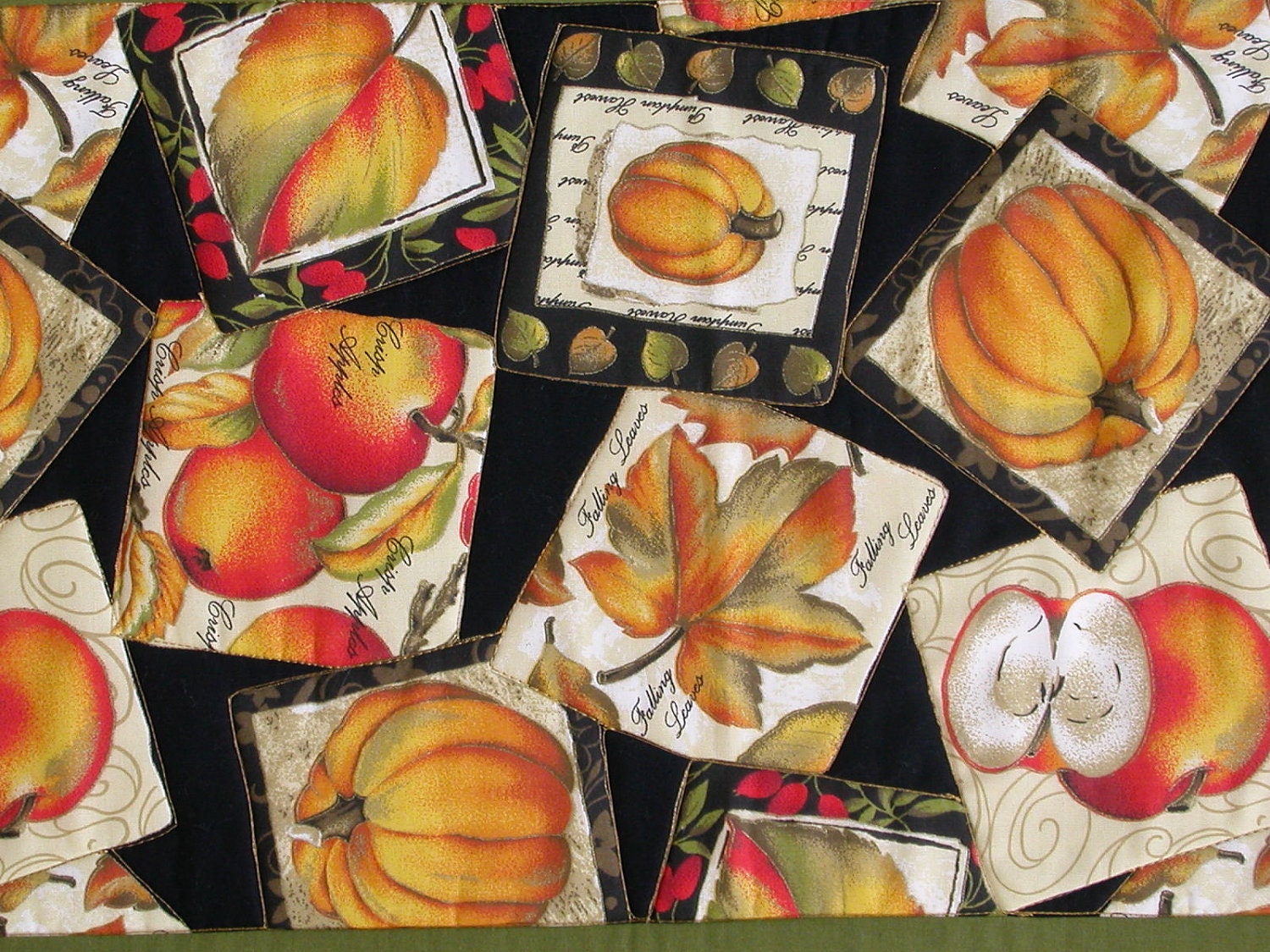 Quilted AUTUMN HARVEST RUNNER with Pumpkins, Apples & Leaves in Greens and Golds
