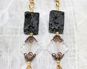 black white beaded earrings Czech pressed frosted glass -  lava beads single pair