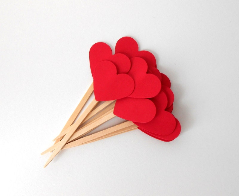 Cupcake Toppers, 12 Red Hearts - Wedding, Party, Reception, Romantic, Cake, True Love, Dessert, Paper, Wooden Picks, Simple, Anniversary