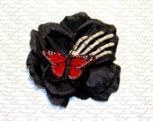 Black Rose with Butterfly and Skeleton Hand - Pinup Rockabilly Flower Hair Clip Accessory