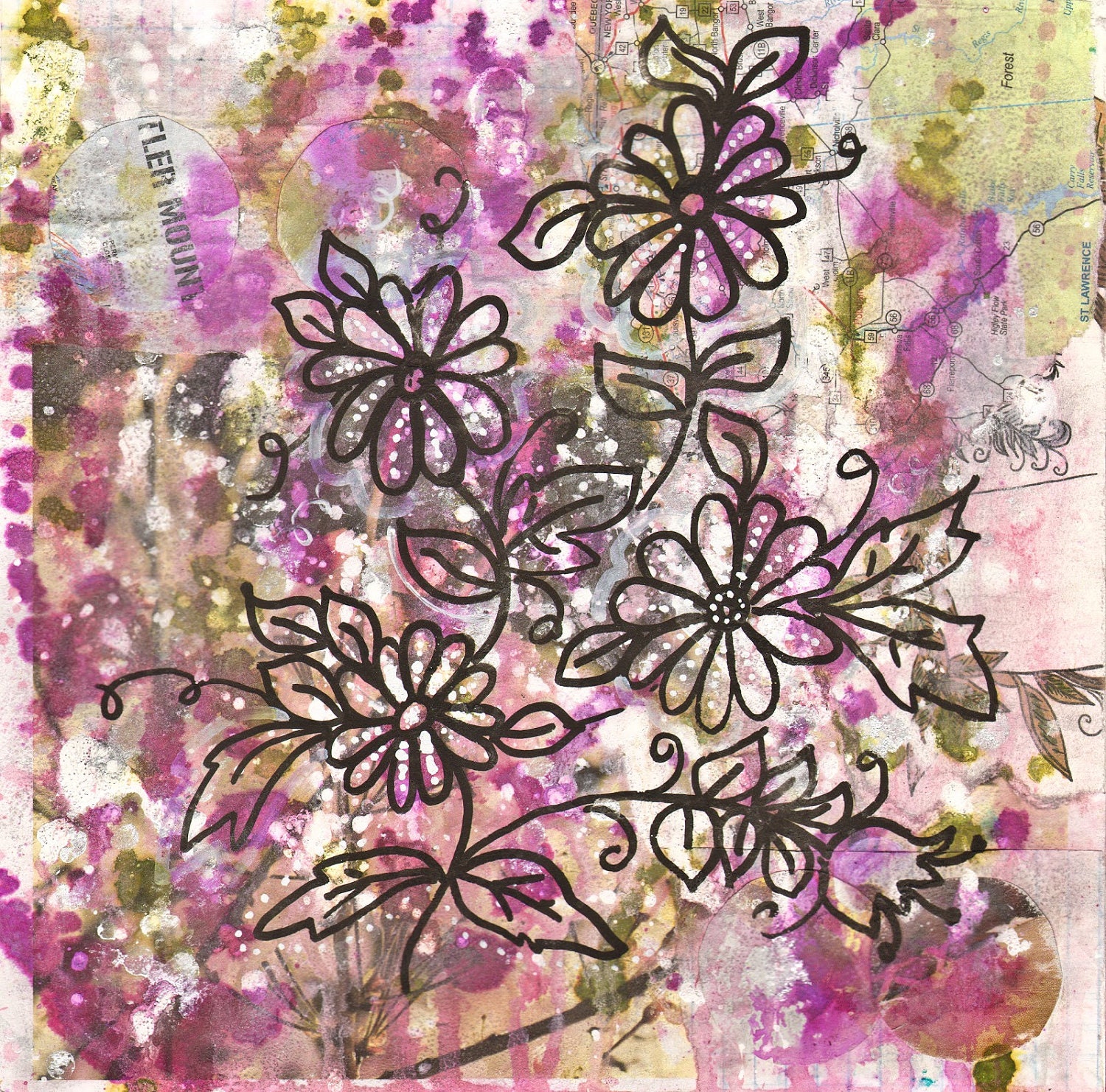 Day 11 - mixed media original - 40 Works in 40 Days project abstract flower painting magenta fuscia pink