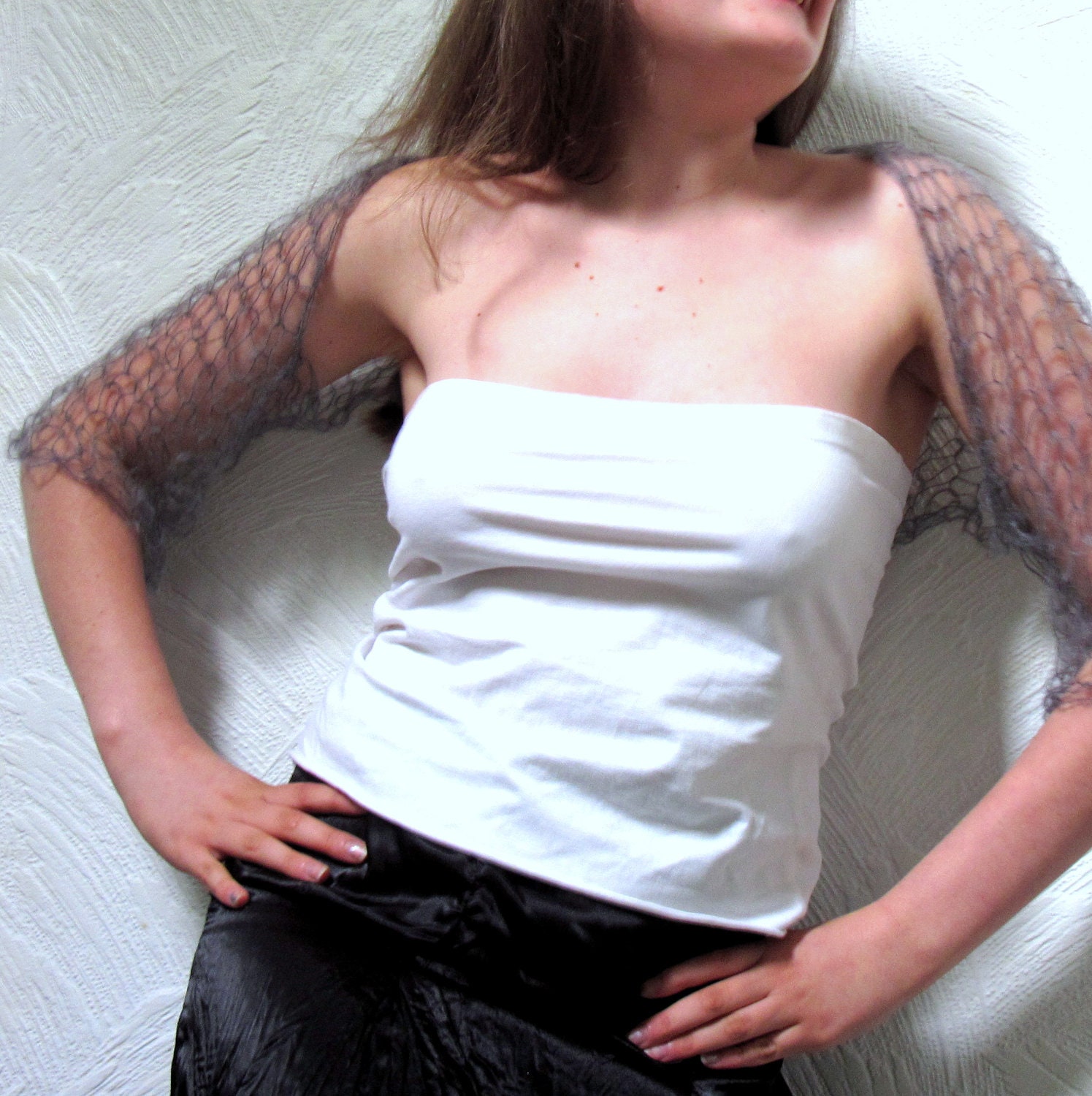 Evening Shrug Pewter Grey Mohair Hand Knit Fashion