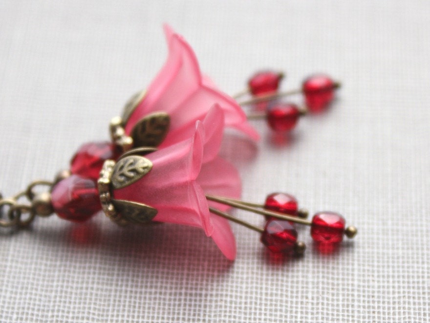 Fuchsia Flower Earrings Spring Jewellery Hot Pink Lucite Earrings Dangle Floral Drops Botanical Pixie Fairie Garden Cranberry red