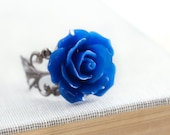 Rose Ring Royal Blue Rose Sapphire Blue Cobalt Flower Cocktail Ring Gunmetal Filigree Adjustable Ring Bridal Jewelry Bridesmaids Accessories - apocketofposies