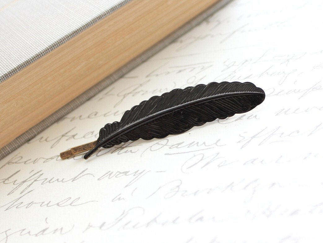 Feather Bobby Pin, Black Feather, Patina Brass, Nature Hair Accessories, woodland, natural history