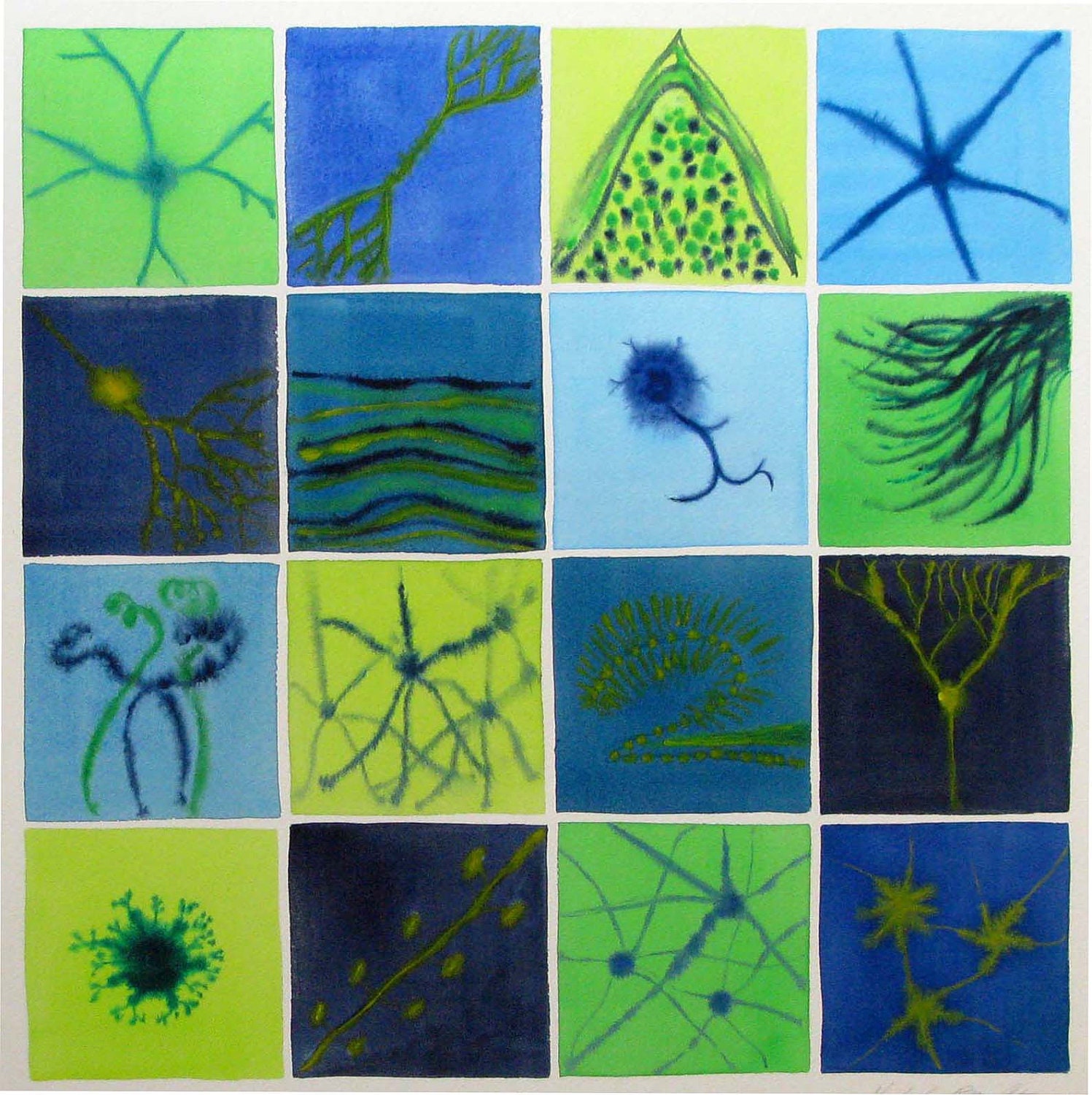 Blue Green Brain Cells - original watercolor painting