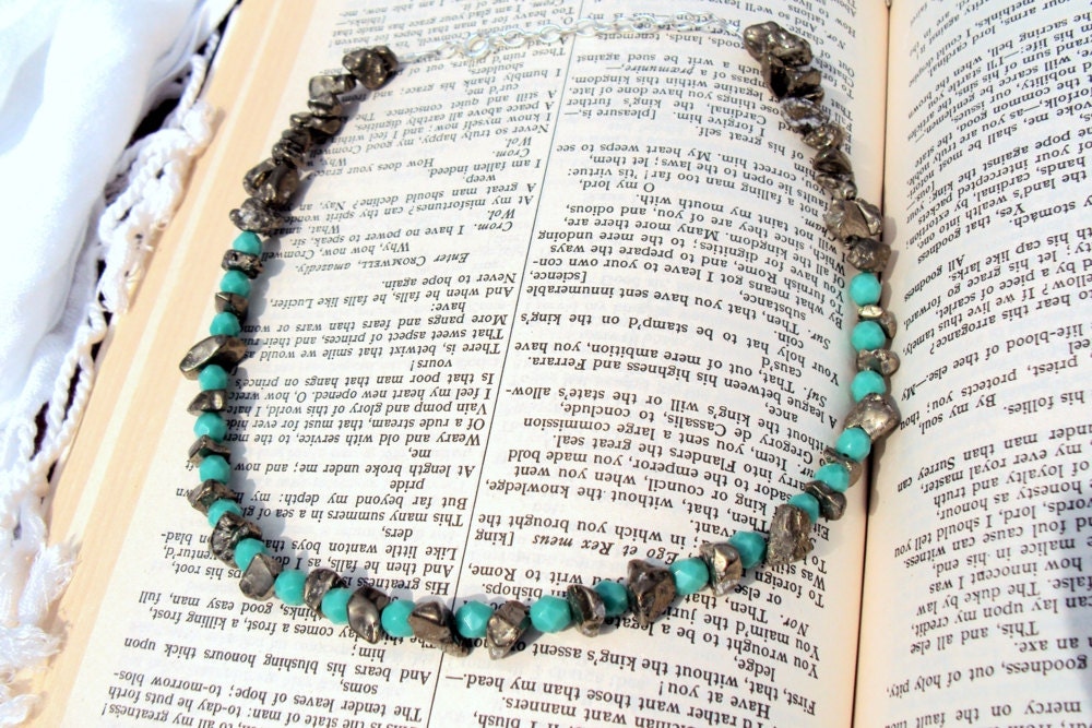 turquoise and pyrite fools gold chunky necklace