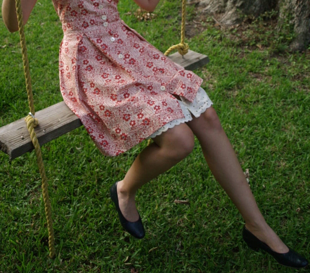 Organic cotton petticoat with vintage eyelet lace ruffle- button closure, gathered at the waist- made to order