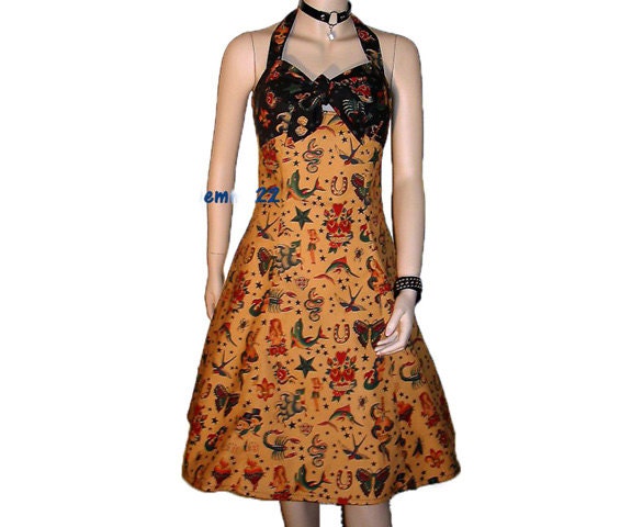 Tattoo Flash Gold & Black Rockabilly Punk Halter Dress