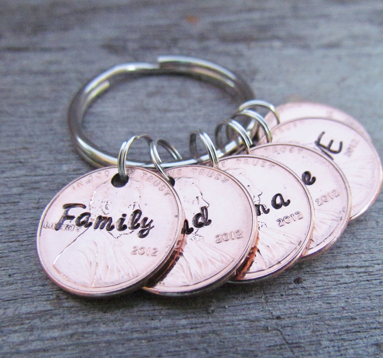 Lucky 6 Penny Key Chain Personalized Hand Stamped Key Ring Copper Custom Names Years Pennies 1950 to 2013 Years Available