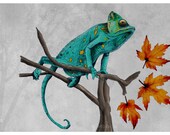Chameleon illustration print-Teal chameleon in acrylic, watercolor and pencil-print of original illustration