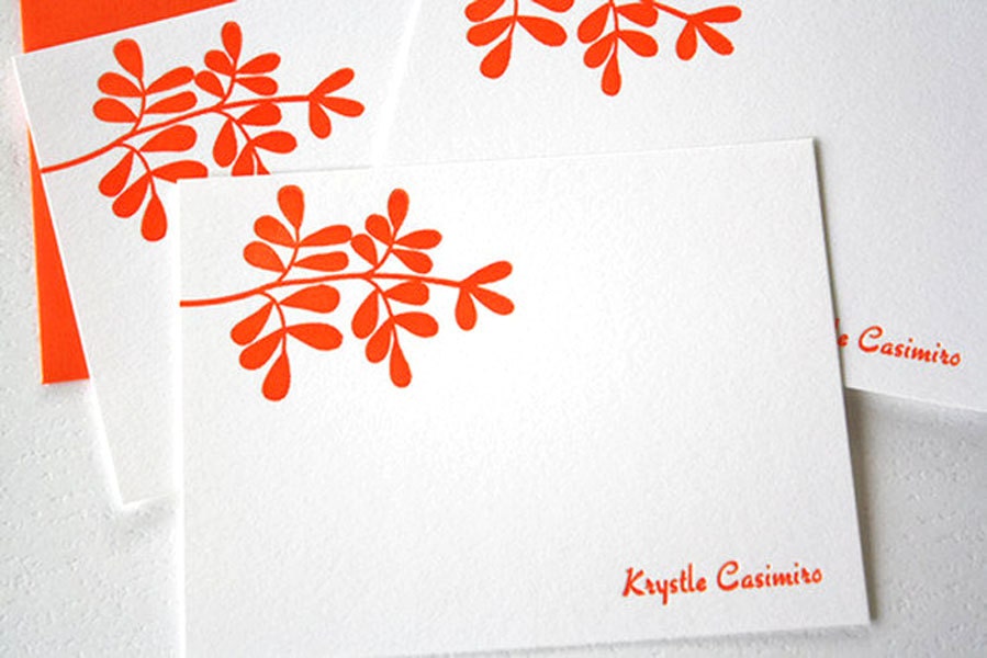 Personalized Letterpress Stationery Leaves Tangerine Orange