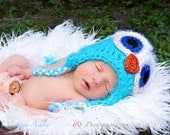 Fuzzy Turquoise OWL Bird  Beanie Hat Newborn Baby Crocheted Unique Photo Prop
