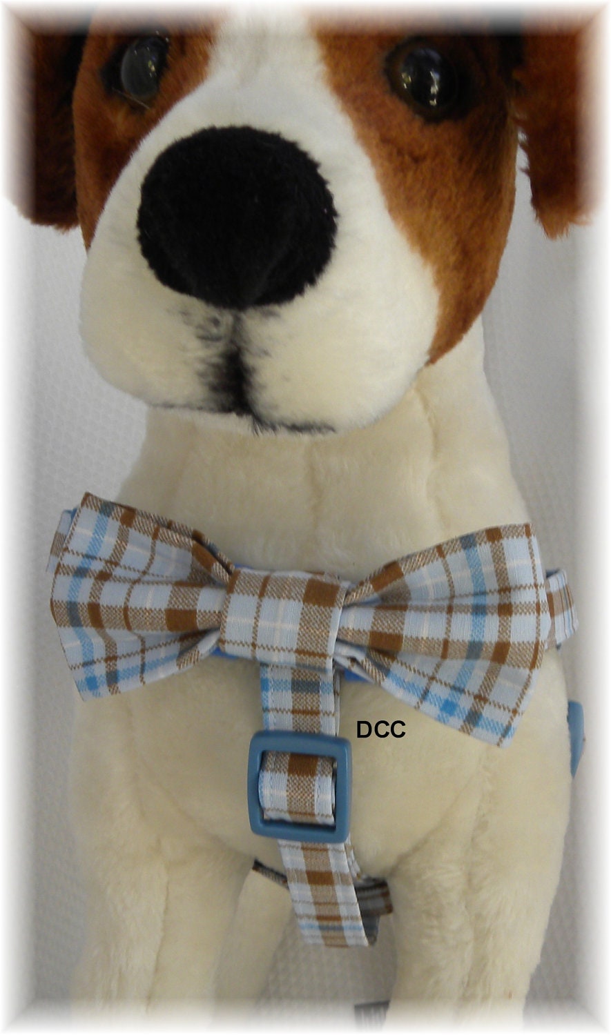 Dog Harness w Fabric Bow Tie Pick your fabric or Blue Plaid MEDIUM Custom Handmade STEP IN Ergonomically Correct Adjusts Opposite Ends