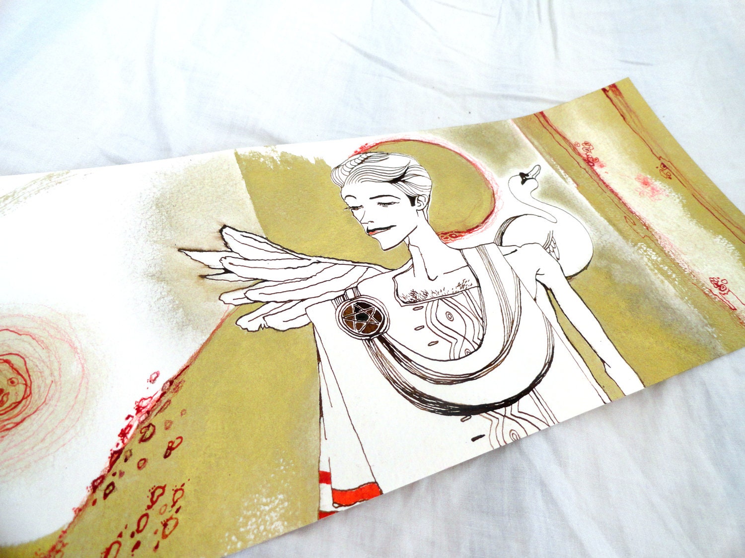 Original The golden age, Gold Red and Sepia ink Illustration Drawing by juliacalimera