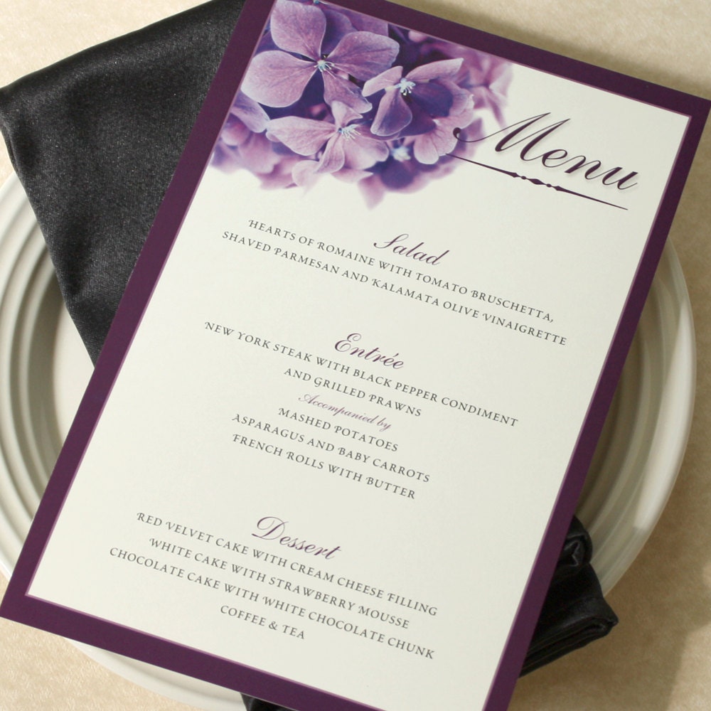 Purple Hydrangea Wedding Dinner Menu, Deposit