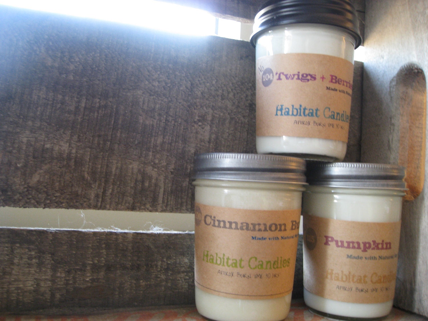 NEW Fall scented soy candles in Pumpkin, Cinnamon Bun, Pomegranate Cider and Twigs & Berries