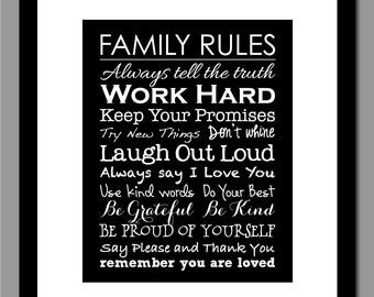 Subway Art Family Rules Poster Print - Art for Kitchen - Housewarming Gift - Christmas/Hostess Gift 8"x10"