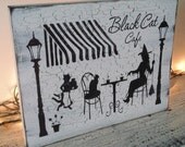 Shabby Chic Halloween Decoration, Witch Sign, Cottage Cafe -  "BLACK CAT CAFE " - vintage style black and white crackle distressed