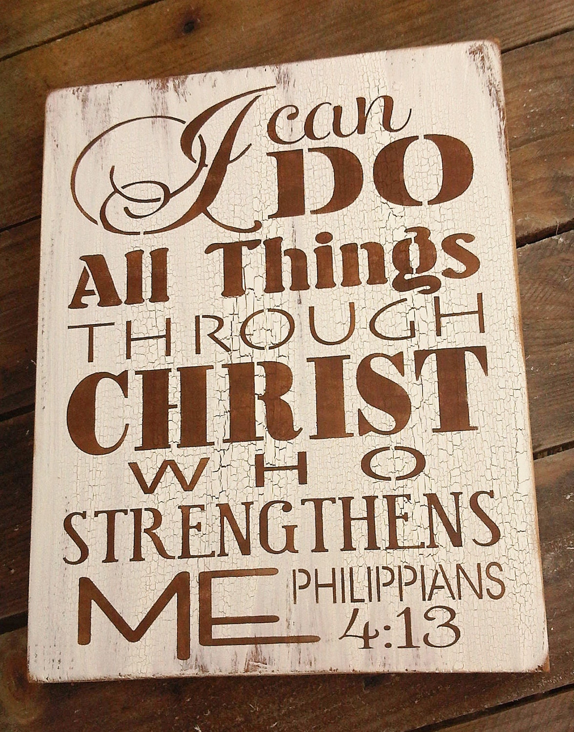 Scripture Sign, Kitchen Sign "I can do all things through Christ who strengthens me" - typograpy subway art style handpainted sign