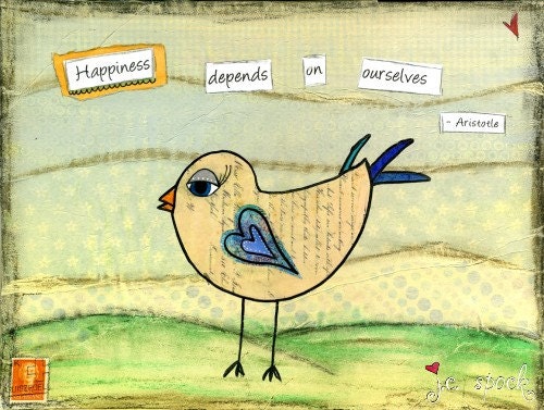 Mixed Media Art: Happiness depends Bird- 8x10 print - Whimsical Art, Folk Art, Inspirational Art, Wall Art, Bird Art - yellow, blue