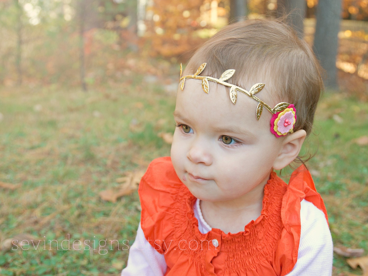 The Hattie -- Flower & Gold Leaf Halo Headband  -- Newborn, Baby, Toddler, Child, Teen, Adult