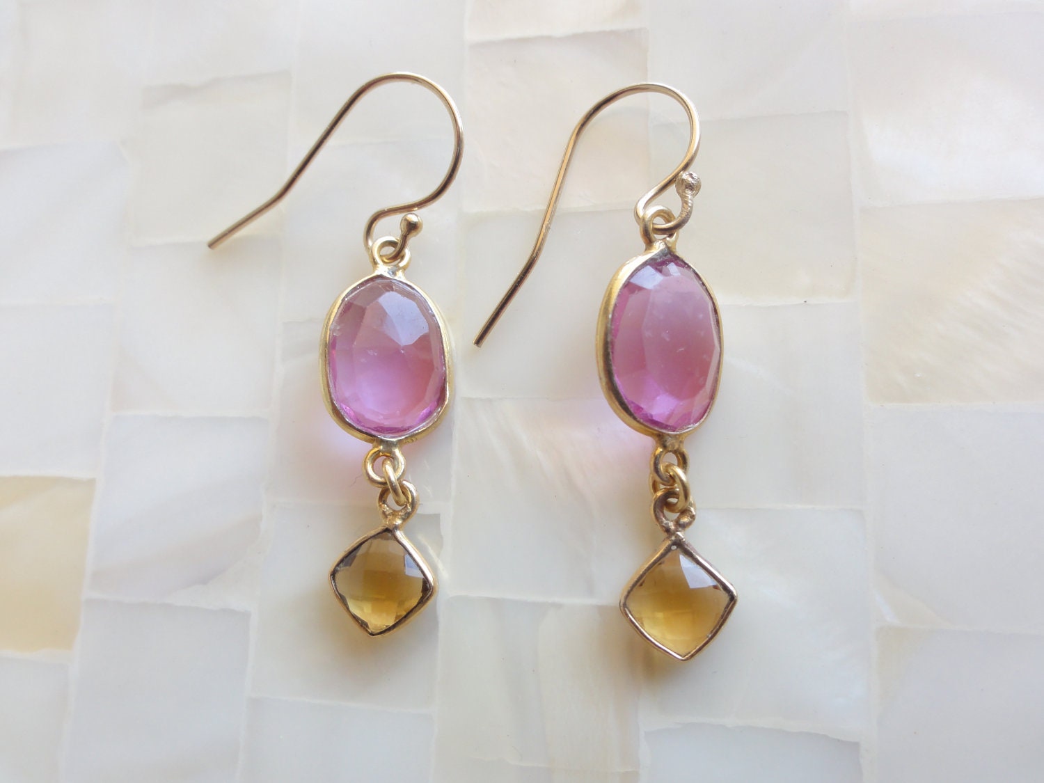 Pink Quartz Vermeil Bezel Connectors & Whiskey Quartz Dangle Earrings