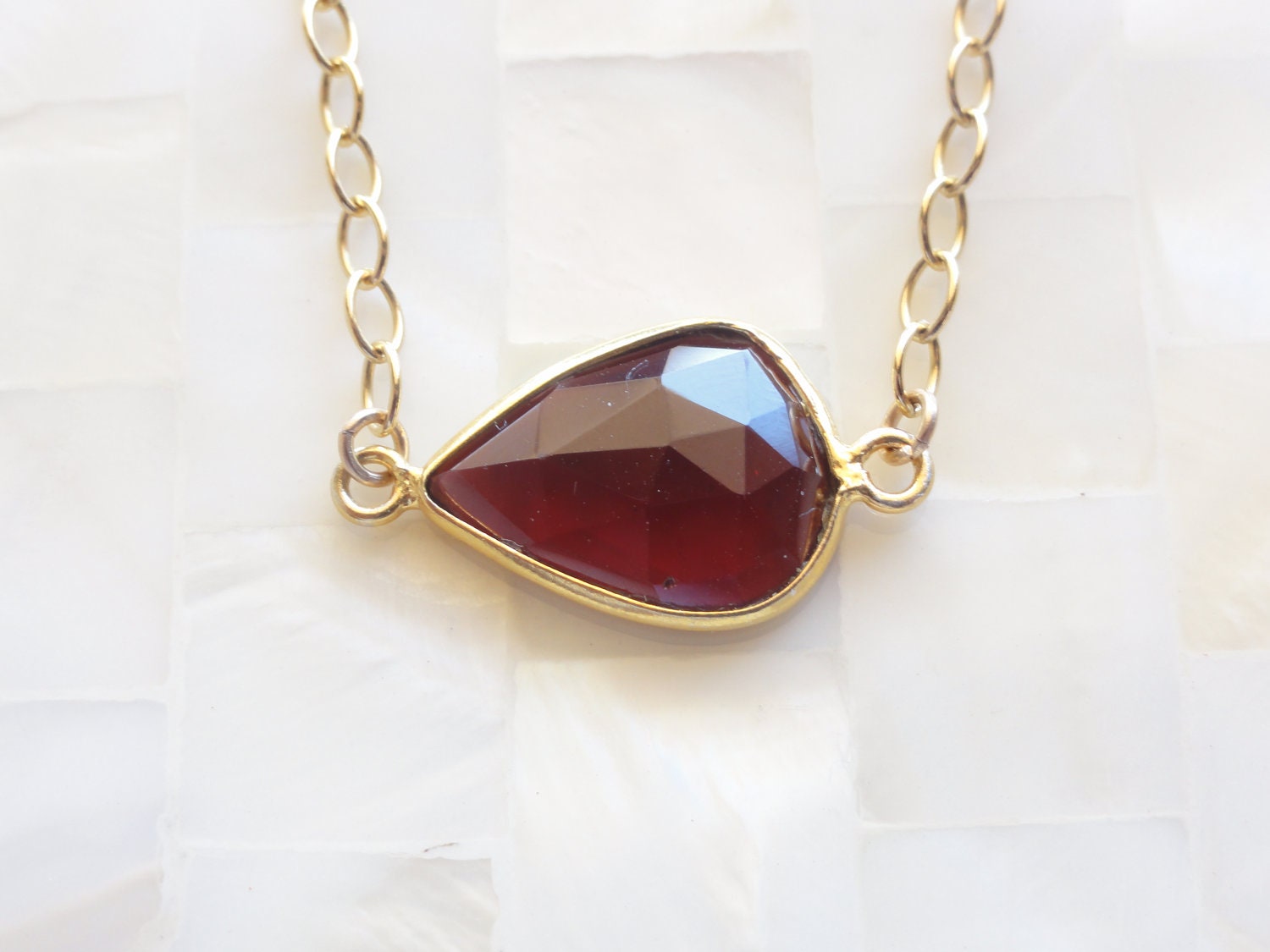 Faceted Crimson Red Garnet Vermeil Bezel Connector Gold Chain Necklace