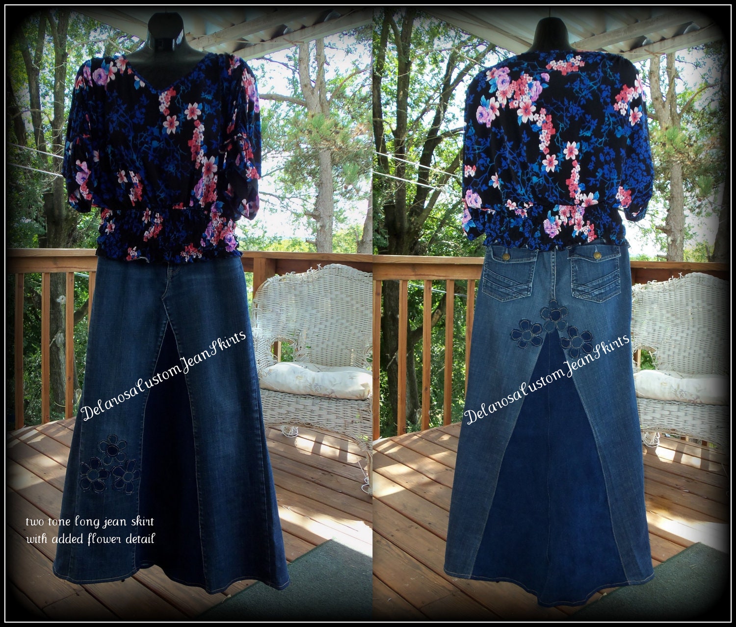 Custom Order Delarosa Two Tone Long jean skirt with added flower detail to your size made on order