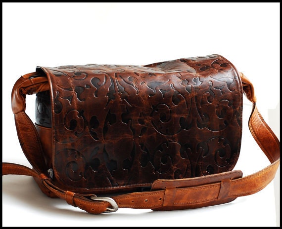Custom Camera bag for DSLR - genuine leather  embossed - X Large