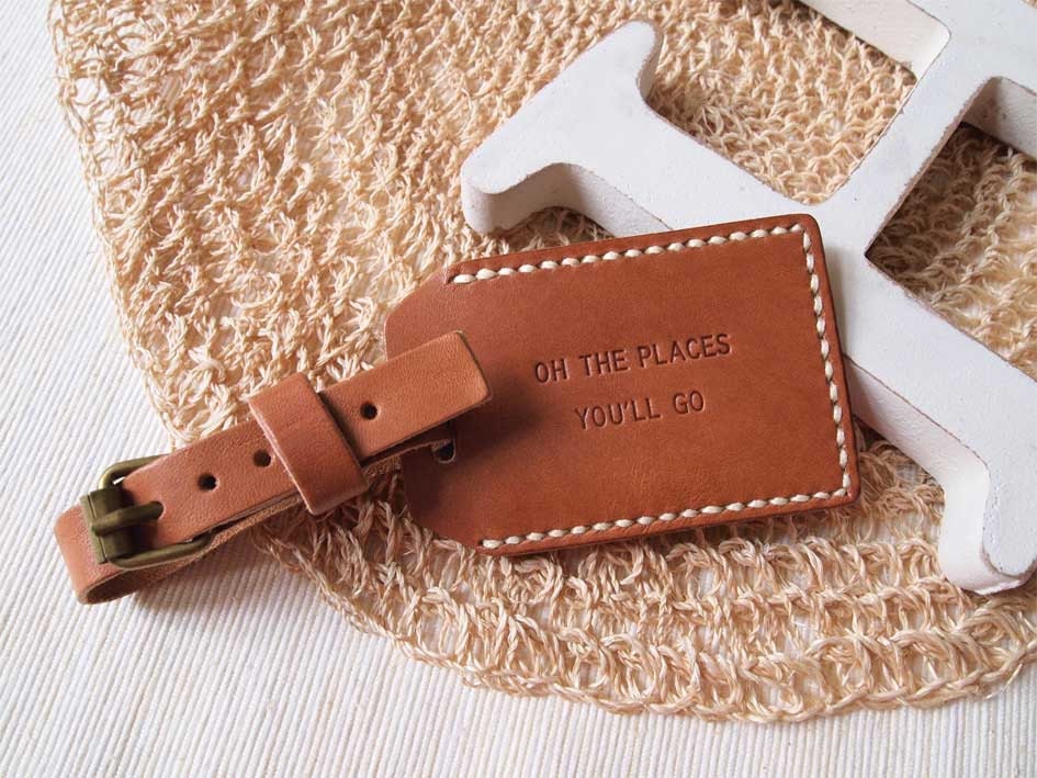 Double Sided Luggage Tag - Personalized - Leather - Rust (O) - Hand Stitched