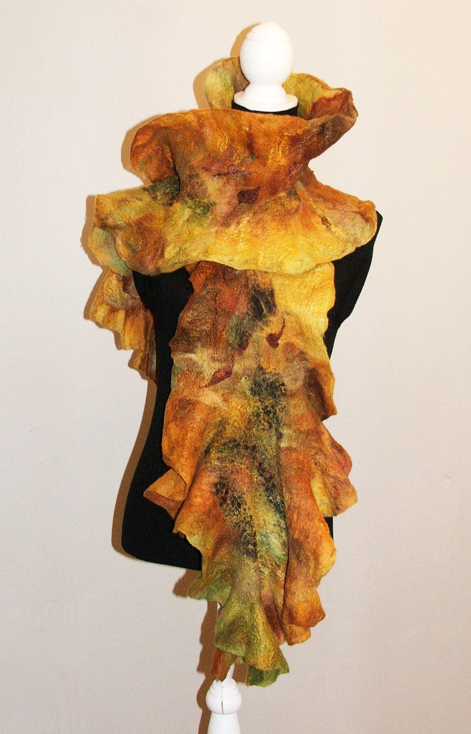 Nuno felted scarf ruffle collar Wool and Silk  Art to Wear Golden Autumn - beatassoul