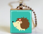 Cute Little Hedgehog Scrabble Tile Pendant - Ball Chain Necklace Included (ITEM S803)