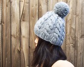 Chunky Grey Cable Beanie with Pom Pom in Wool Alpaca