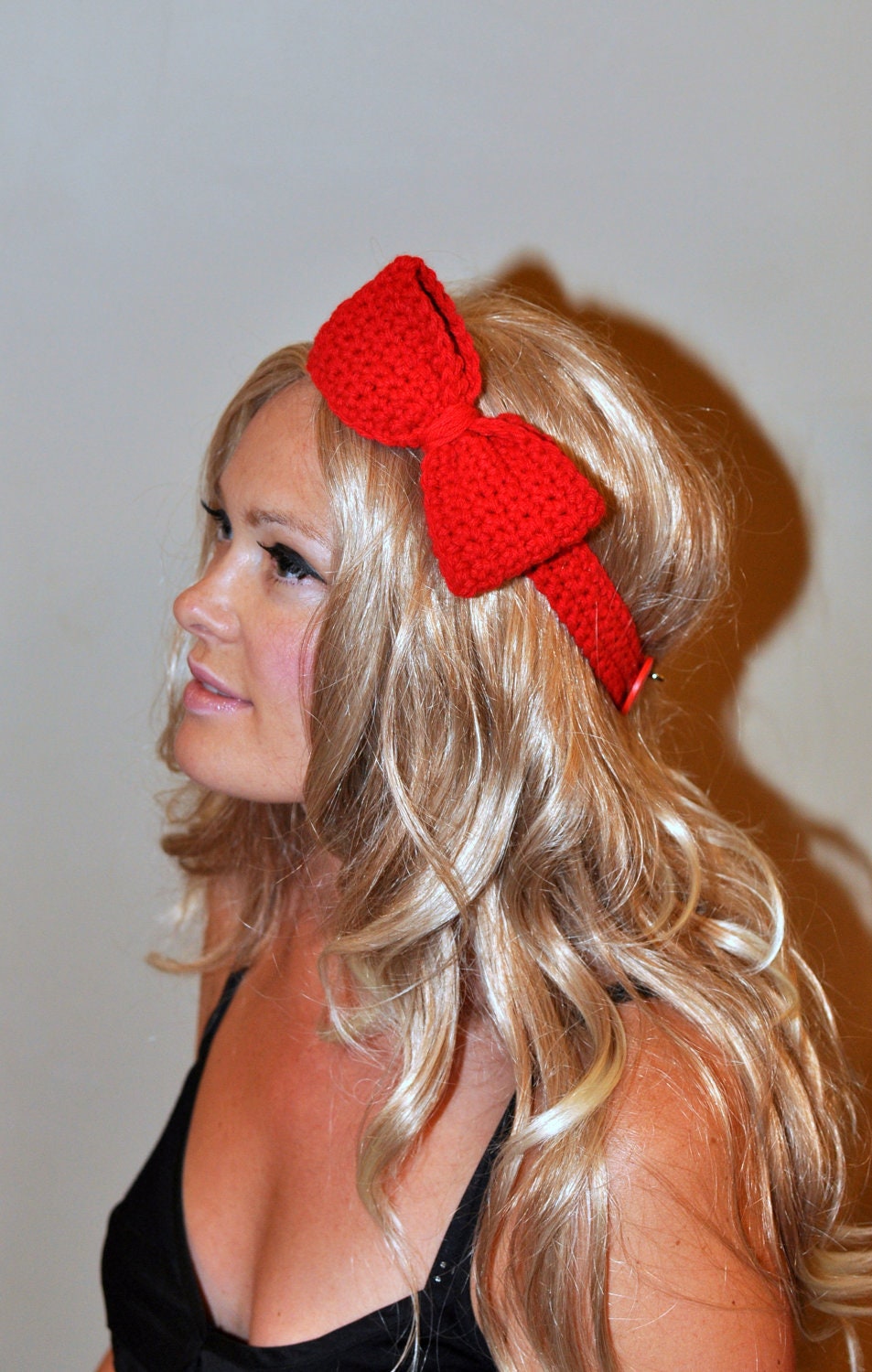 Big Bow Headband Crochet Red Scarlet Coral Headwrap CHOOSE COLOR Red Scarlet Crochet Headband Girly Cute Adjustable Valentines Day Gift