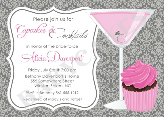 Cupcakes and Cocktails Bridal Shower Invitation Bachelorette Birthday DIY Printable Invitation - jcbabycakes