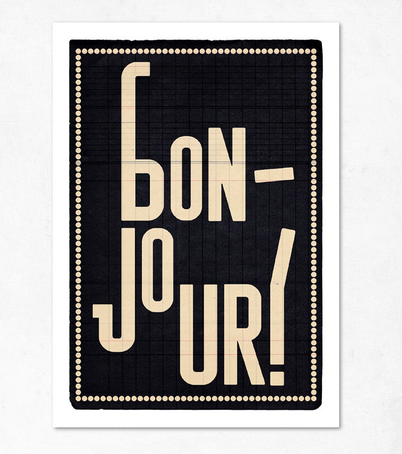 Bonjour, Black, Large illustration 11.70 x 16.50 (A3). (Special spring offer: Get a geometric poster for free)