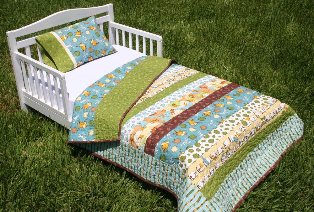 Organic Toddler Bed Set Quilt and Pillow Case Lorax Earth Tones DayCare Youth Throw