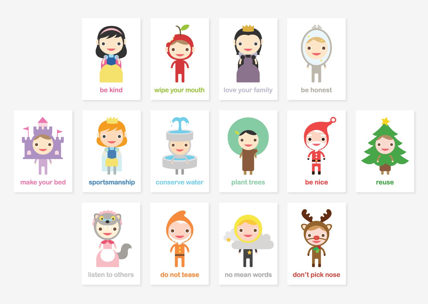 Happy Manners Card Set C of 14 - Good Manners Learning & Educational Flash Cards // Kids Wall Art Children Room Decor