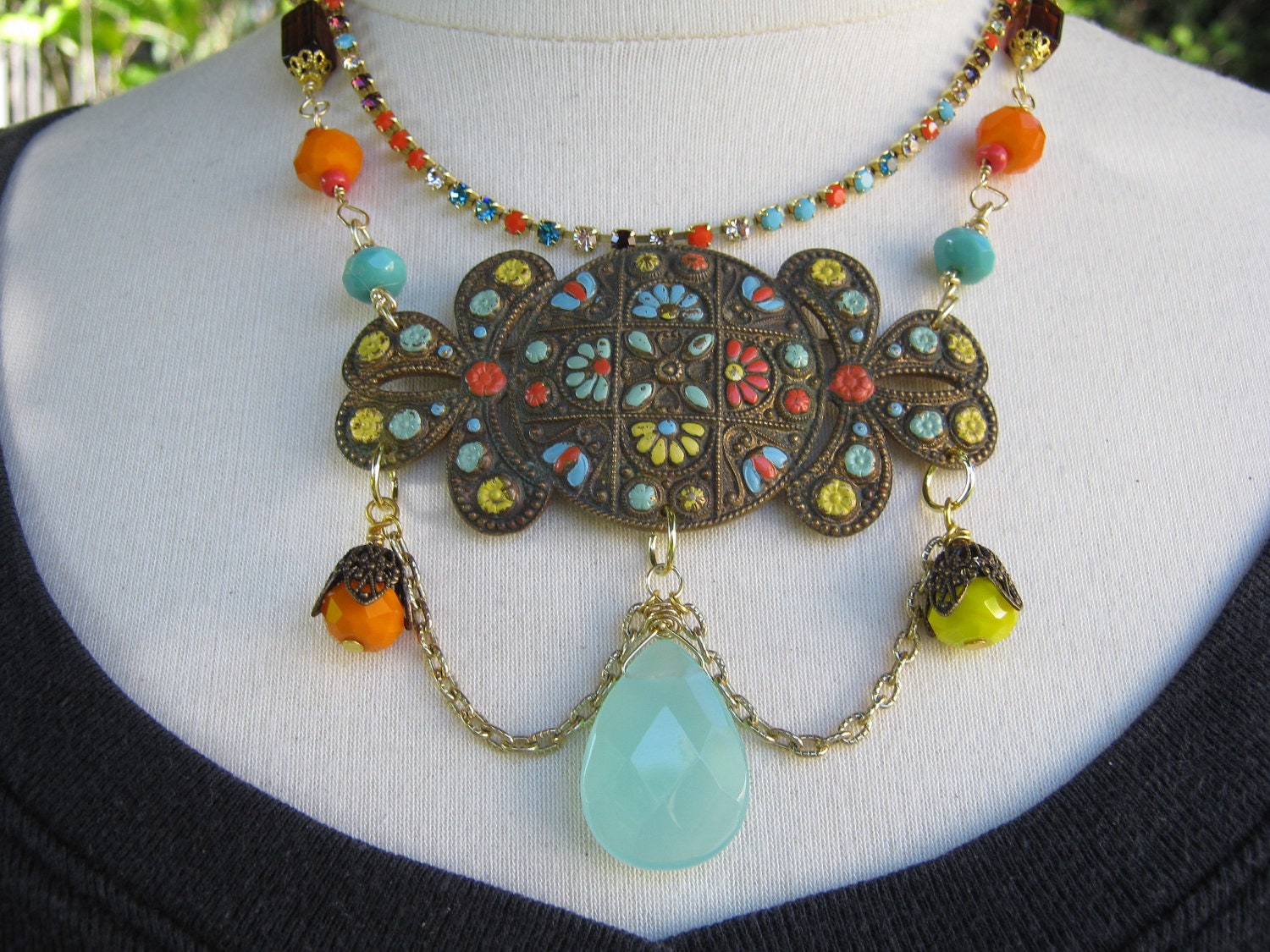Statement Necklace, Vintage Brooch, Reclaimed Vintage Jewelry, Orange, Yellow, Turquoise - Painted Desert