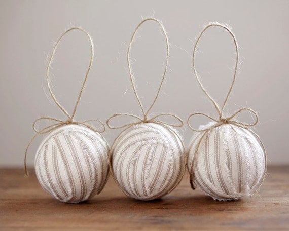 RagBall Ornaments - Rustic, Natural Cotton Ticking - Set of 3