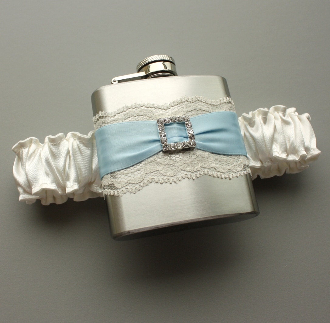 Ivory & Pale Blue FLASK GARTER  -- Something Blue Bridal Wedding Garter - Ready to Ship
