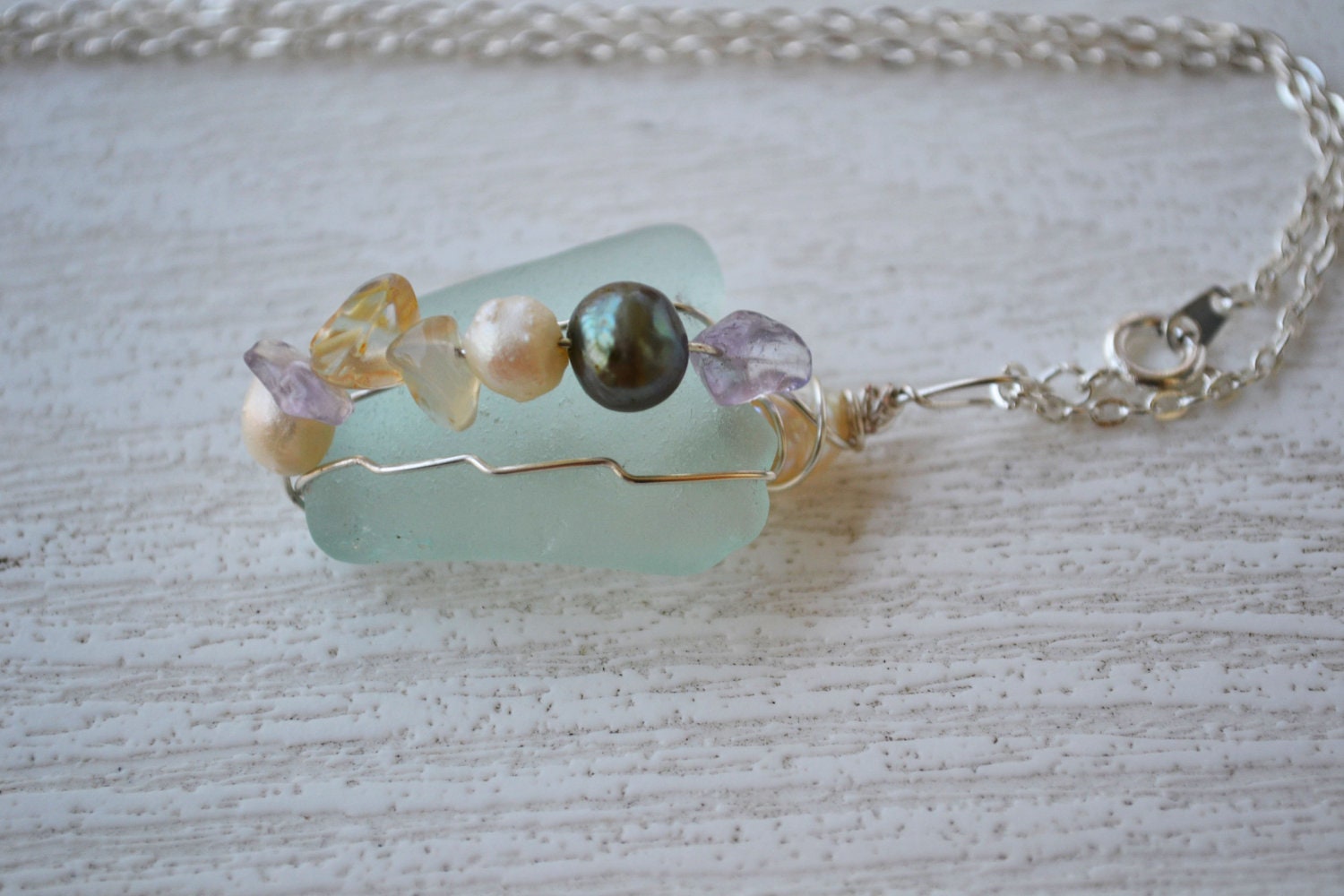 Aqua Seaglass Pendant with freshwater pearls, citrine and clear quartz. Custom made to order.  Each piece is unique.