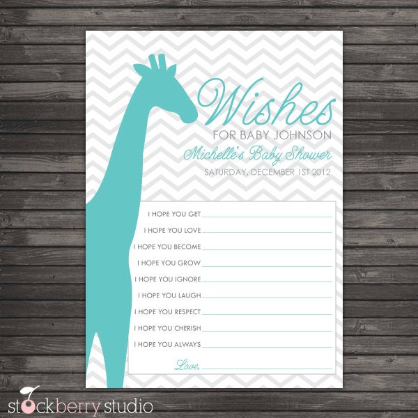 Chevron Giraffe Baby Shower Wishes for Baby Advice Printable Card - Aqua & Gray Il_570xn