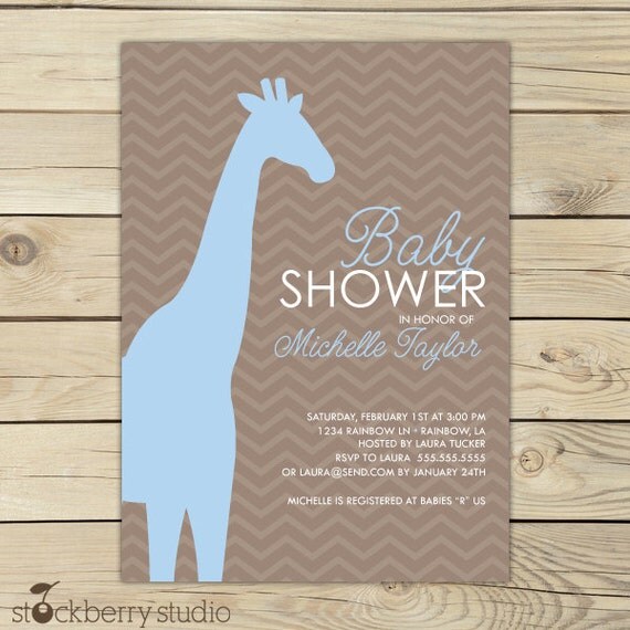 Chevron Giraffe Baby Shower Printable Invitation Blue and Brown Il_570xn